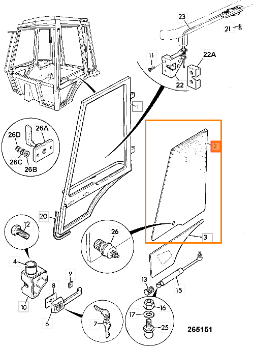 Стекло двери верхнее закруглённое левое JCB 827/30465