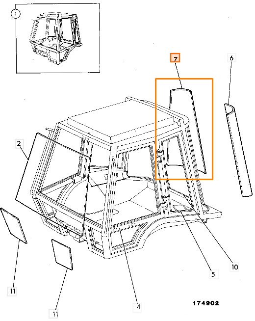 Правое угловое стекло кабины JCB 827/30334