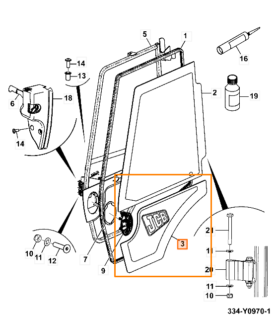 Стекло двери левое нижнее JCB 334/Y0832