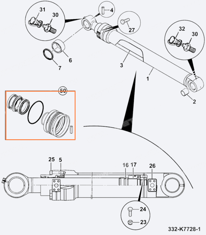 Ремкомплект гидроцилиндра ковша JCB 333/C2521, 332/K7728, 333-C2521, 332-K7728